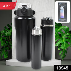 3 In 1 Stainless Steel Insulated Water Bottle Double Wall Vacuum (3 Pcs Set Different Size)