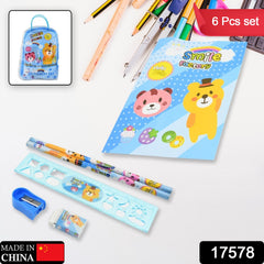 17578 Stationery Kit For Kids - Stationery Set Includes Wooden Pencil Sharpener Pencil And Eraser Set Birthday Return Gift For Kids Boys Girls 2 Pencil 1 Scale 1 Notebook1 Sharpener 1 Eraser With Zip Bag (6 Pcs Set)