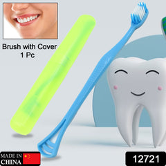12721 2 In 1 Soft Toothbrush And Tongue With Toothbrush Cover Cleaner Scraper For Men And Women Kids Adults Plastic Toothbrush Cover Case Holder (1 Pc)