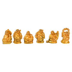 17924 Golden Laughing Buddha Set Of Six Pieces Statue For Happiness Wealth Good Luck Decor For Wealth And Success (6 Pcs Set)