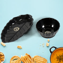 8230 Ertiga Round Ceramic Bowl With Plastic Leaf Shape Serving Platter Portable Lightweight Breakfast Serving Bowl Highly Durable Material Ideal For Rice Pasta Desserts Home Kitchen Serving Bowl Platter (4 Pcs Set)