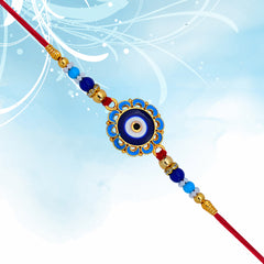 Evil Eye Rakhi With Blue Beads And Golden Accents Protective Nazar Design