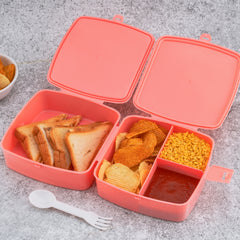 5787 Double-layer Square Lunch Box With Spoon 4 Compartment Tiffin Push Lock Plastic Tiffin Box For Travelling School Kids Office Exclusive Home