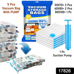 17826 Vacuum Storage Bags With Suction Pump Shirt Clips - Vacuum Bags - Big Capacity Vacuum Seal Bags For Travel Clothes Blankets Pillows Compression Bags Space Saver Vacuum Storage Bags (5 Pcs Set)