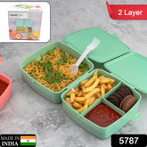 5787 Double-layer Square Lunch Box With Spoon 4 Compartment Tiffin Push Lock Plastic Tiffin Box For Travelling School Kids Office Exclusive Home