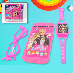 3247 Barbiee Phone Watch And Glasses Set For Girls Beautiful Barbie Musical Phone Abs Plastic Toy Battery Operated Barbie Glass Musical Mobile Phone Toddler Toy Phone For Kids Calling Toy Phone (3 Pcs Set Battery Not Included)