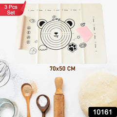 3 In 1 Low Silicone Baking Mat With Wooden Belan Cake Scraper (3 Pcs Set 7050 Cm)