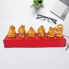 17924 Golden Laughing Buddha Set Of Six Pieces Statue For Happiness Wealth Good Luck Decor For Wealth And Success (6 Pcs Set)