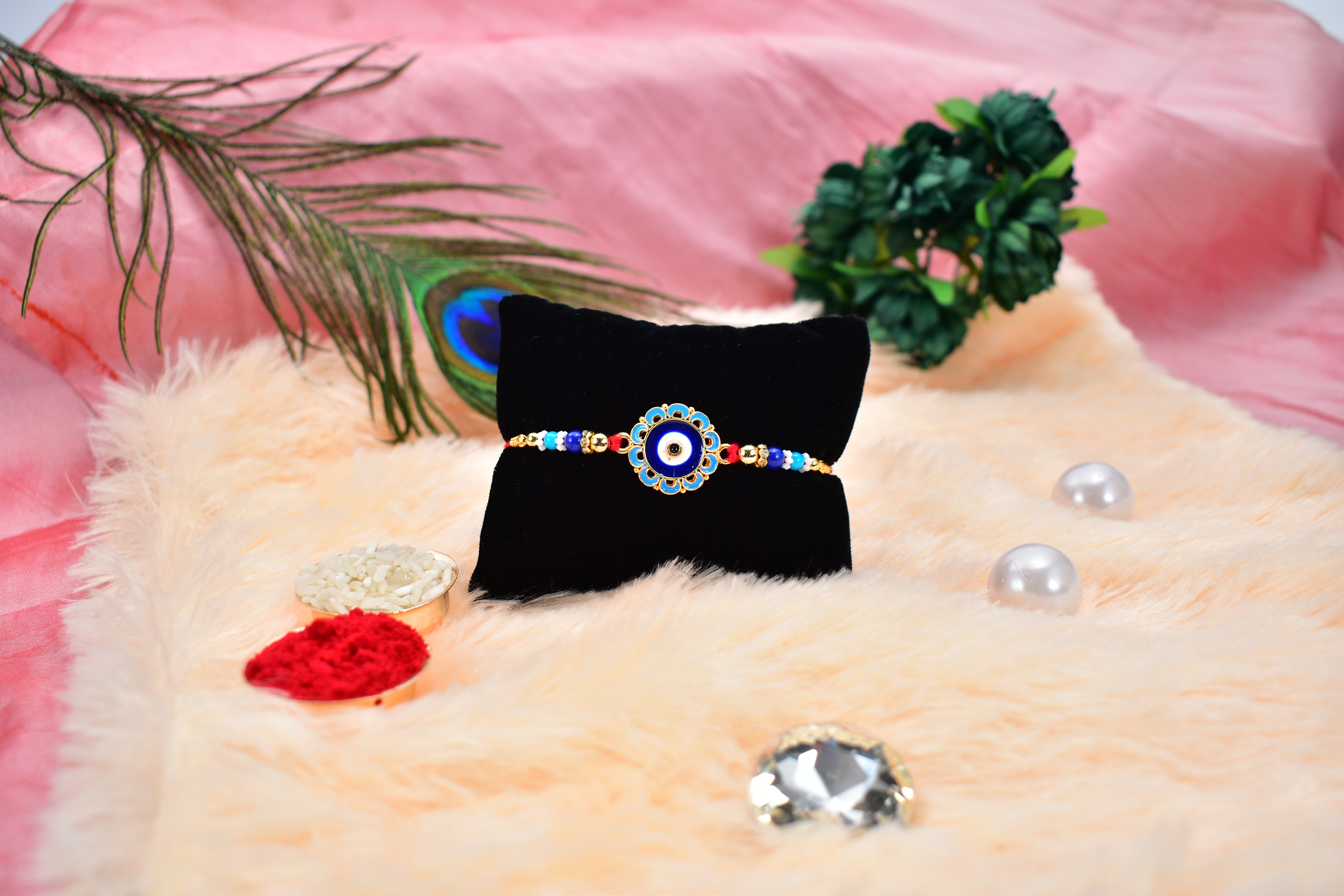 Evil Eye Rakhi With Blue Beads And Golden Accents  Protective Nazar Design