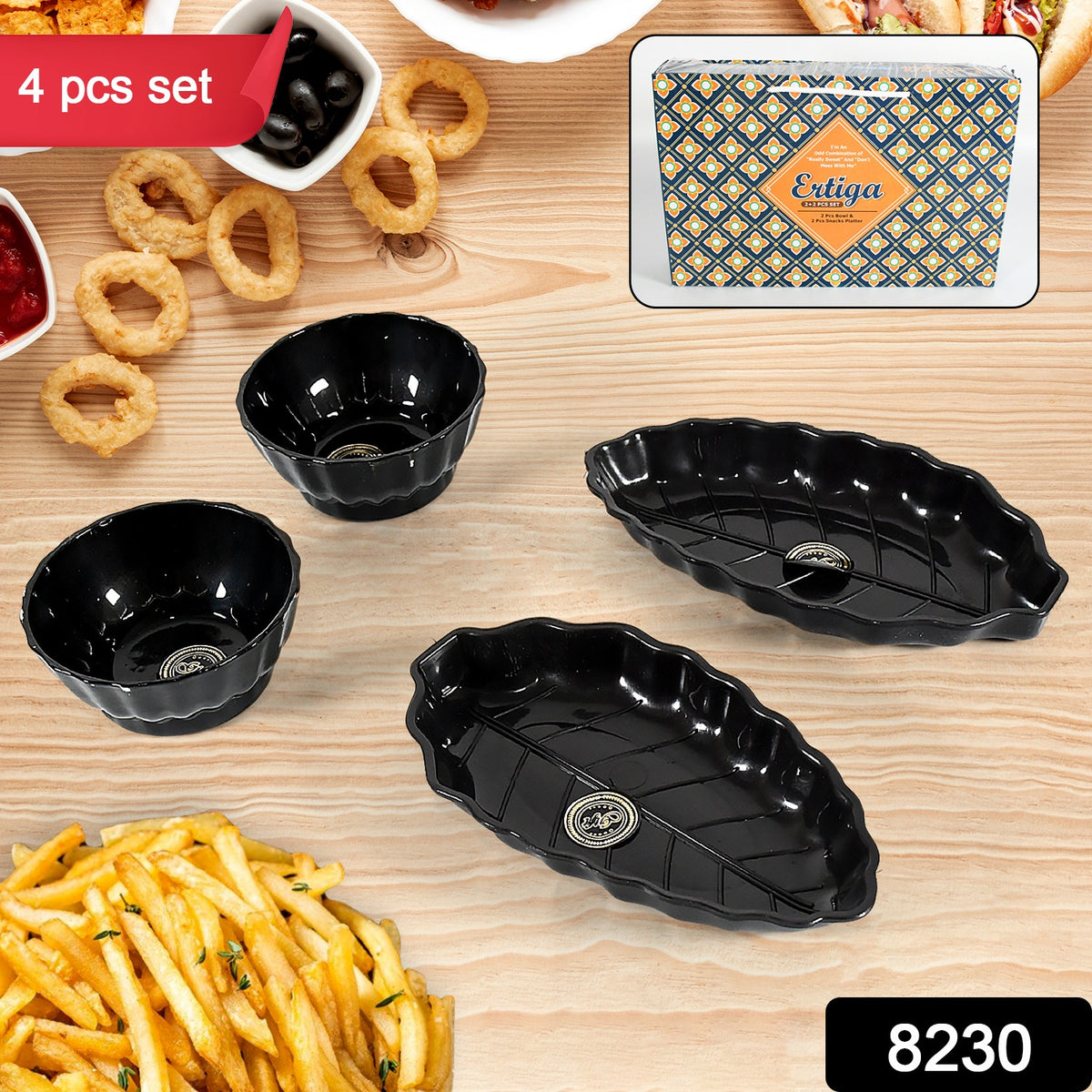 8230 Ertiga Round Ceramic Bowl With Plastic Leaf Shape Serving Platter Portable Lightweight Breakfast Serving Bowl  Highly Durable Material  Ideal For Rice Pasta Desserts Home  Kitchen Serving Bowl  Platter (4 Pcs Set)