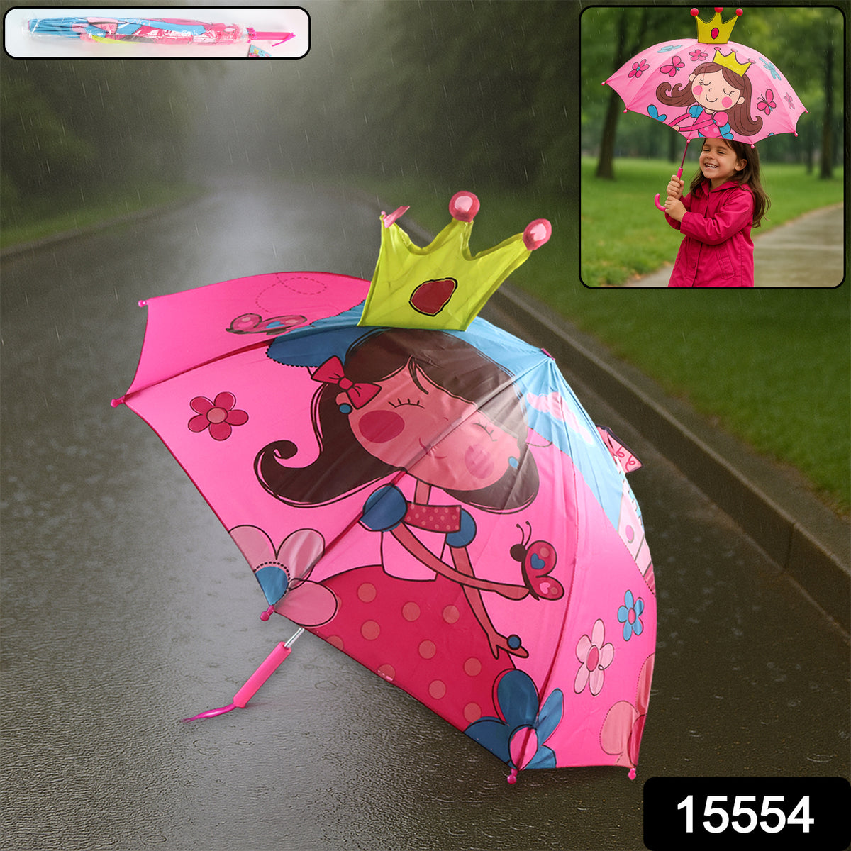 3d Kids Umbrella With Cartoon Print  Cute Waterproof Rain Umbrella (1 Pc)